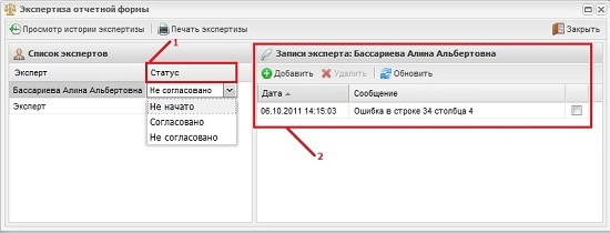 Окно «Экспертиза отчетной формы»