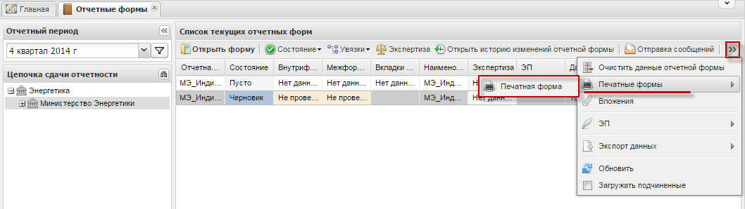 Панель инструментов области «Список текущих отчетных форм»