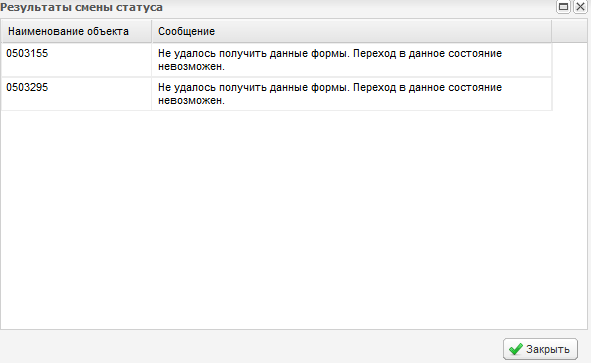 Результаты смены статуса